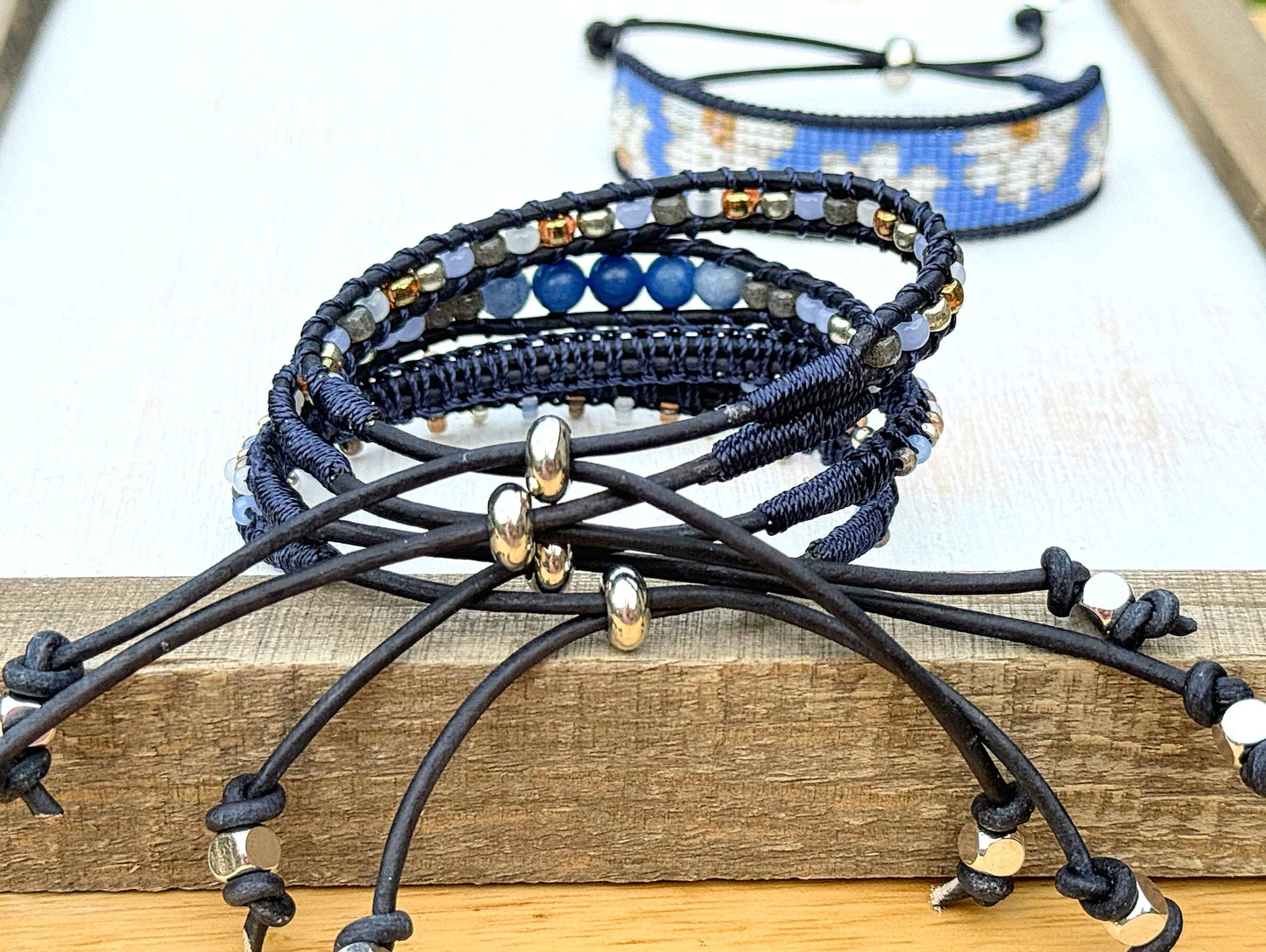Blue Daisy Bead Loom and Macrame Bracelet stack set