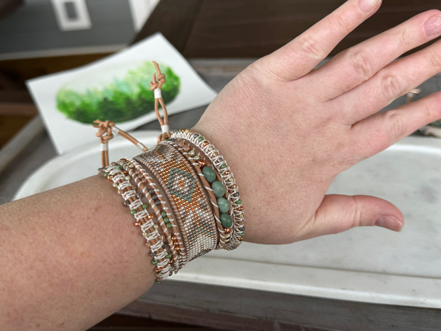 Sage, neutral, and copper starburst Western Geometric Loom and Macrame Bracelet stack set