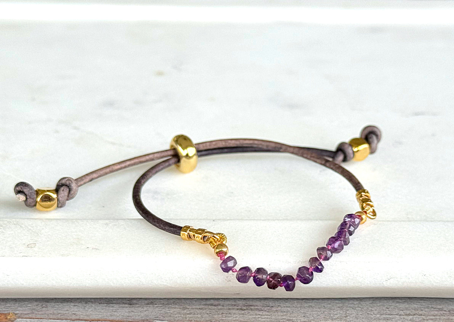 Amethyst and slide adjustable chain or leather stack bracelet