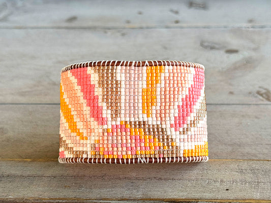 Boho Sunshine Bead Loom Woven Cuff Bracelet with leather trim