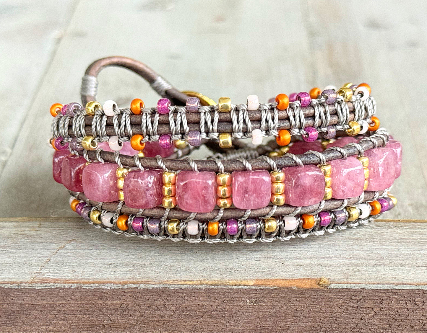 PInk Jade, purple, and gold macrame 3 wrap bracelet