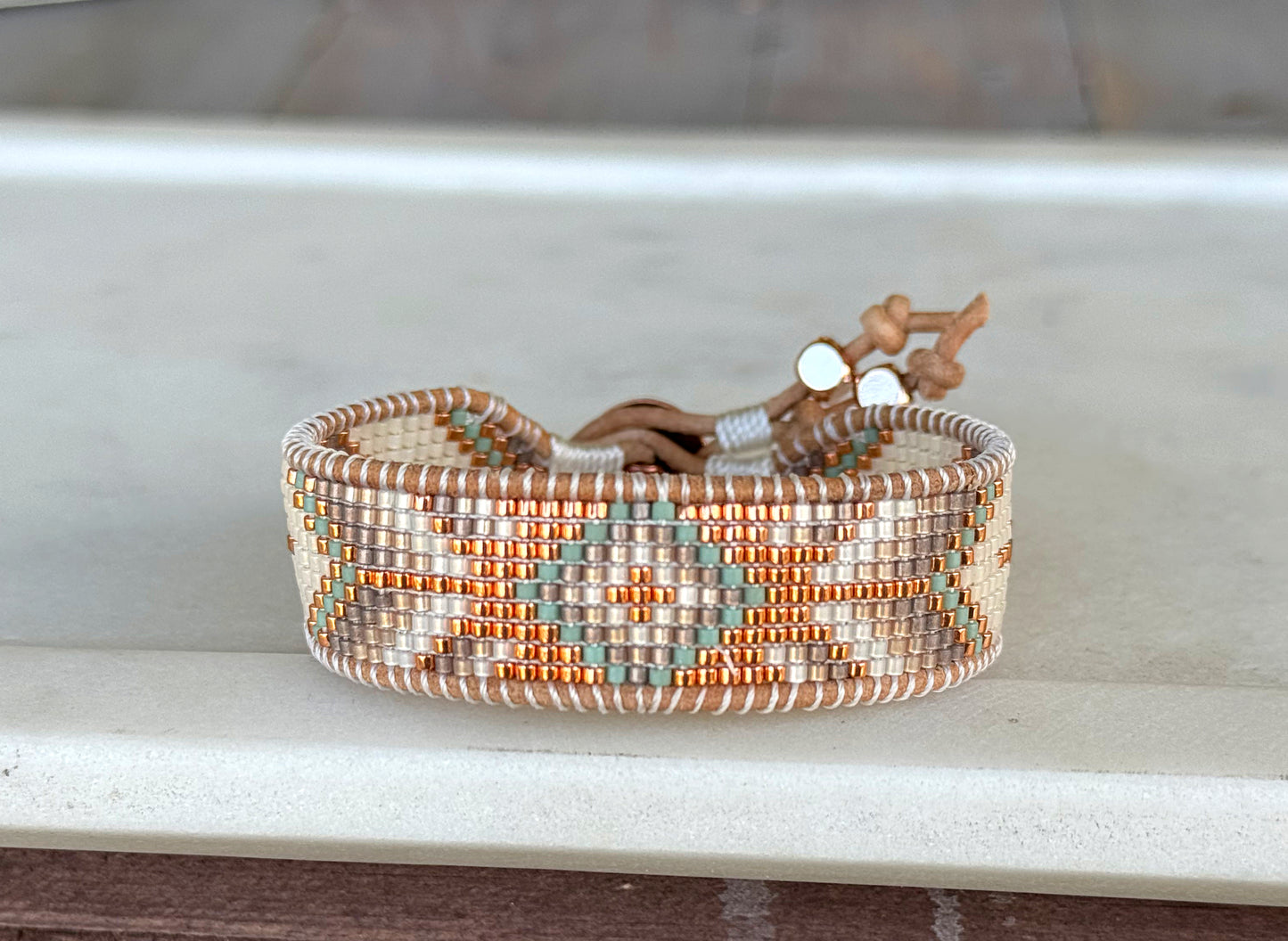 Sage, neutral, and copper starburst Western Geometric Loom and Macrame Bracelet stack set