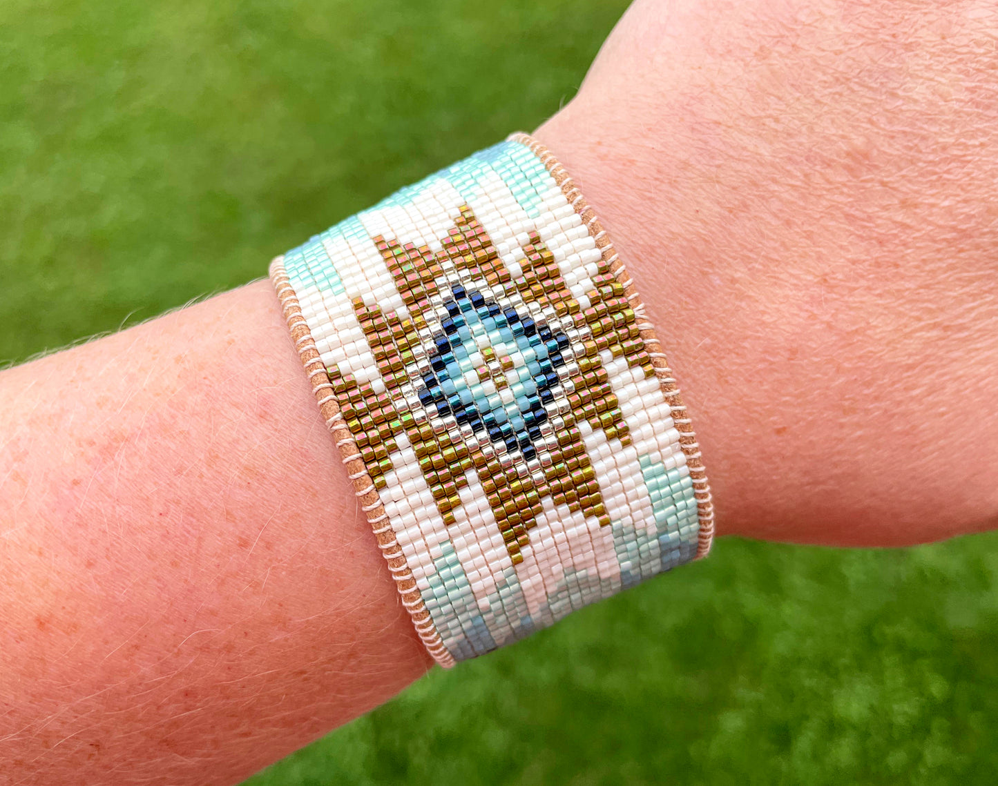 Green and Blue Starburst Beaded Loom Wide Cuff Bracelet