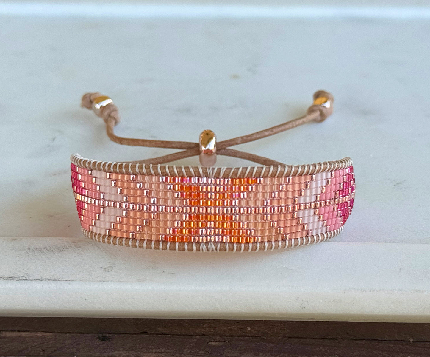 Hot Pink and Orange Loom woven Arrow beaded friendship bracelet