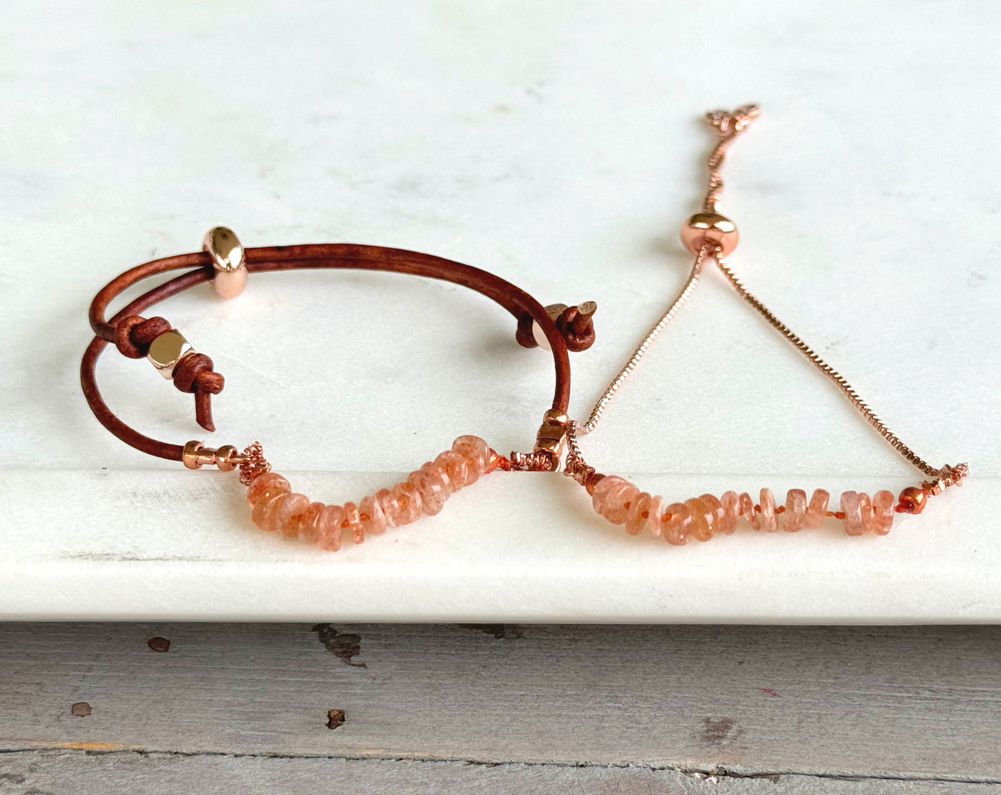 Sunstone and slide adjustable chain or leather stack bracelet
