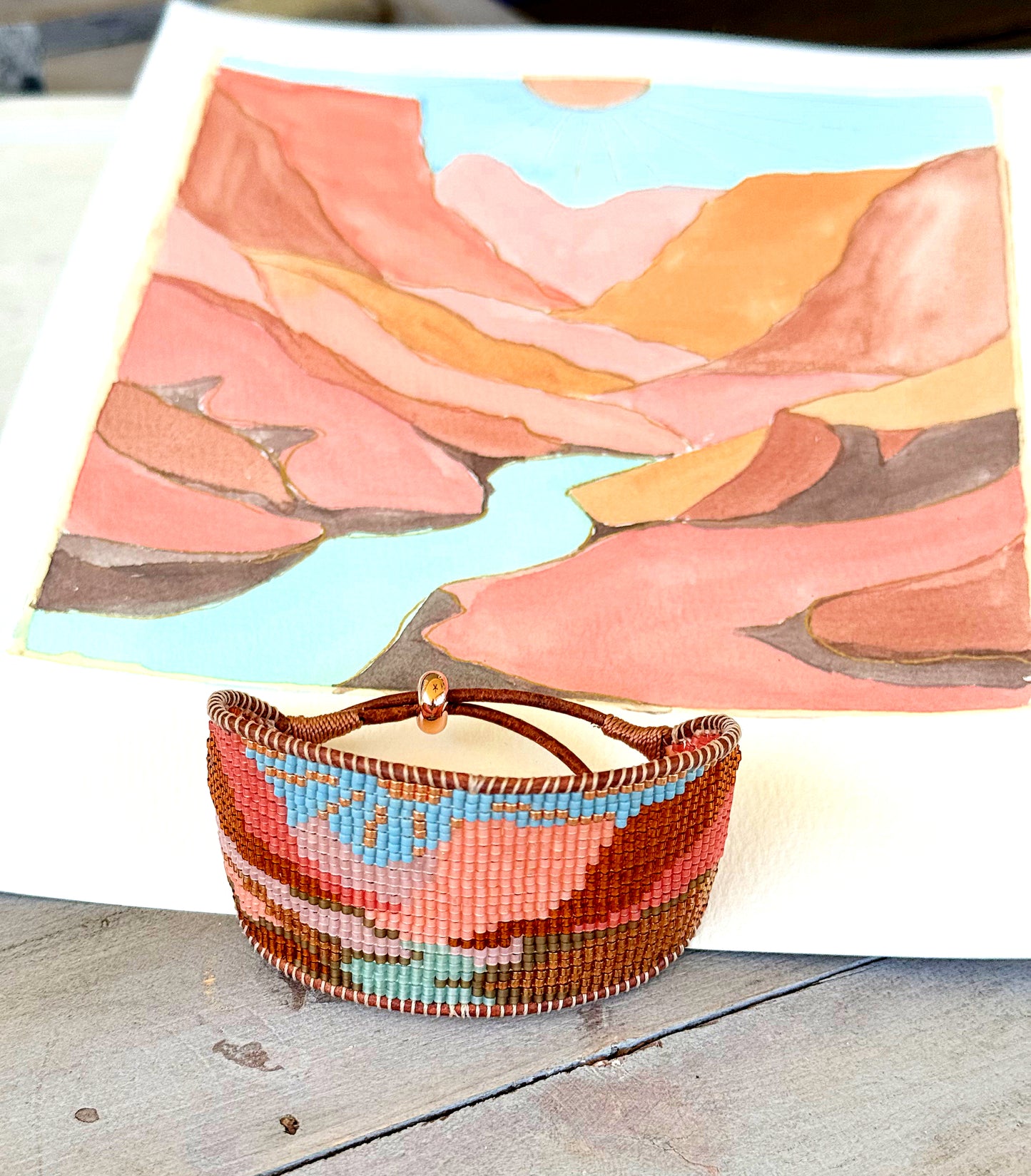 Red Rocks Western Grand Canyon Bead Loom Woven Bracelet Slide adjustable Clasp and Leather Trim