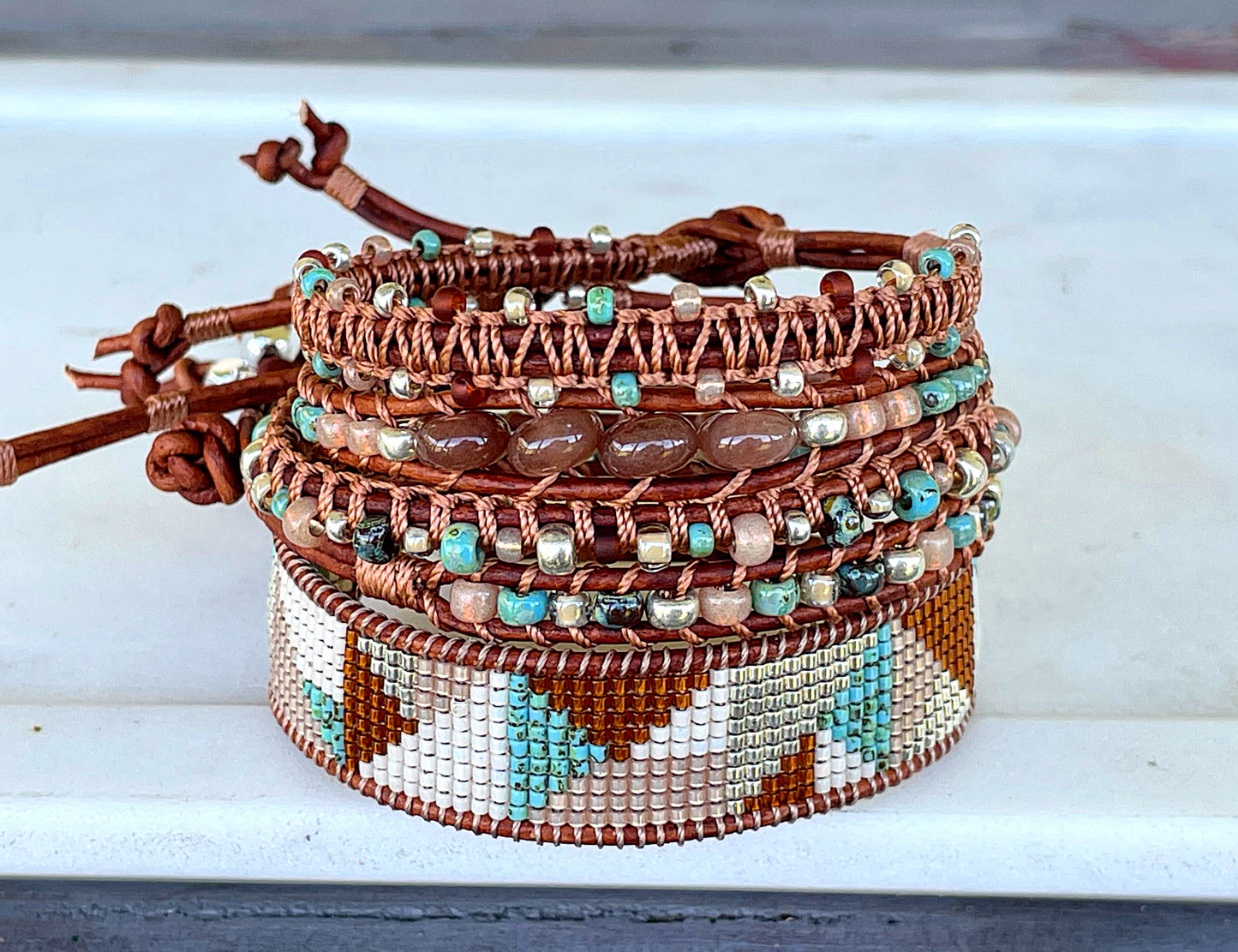 Abstract Earthy Tan Turquoise and Silver Geometric Bead Loom Woven Bracelet