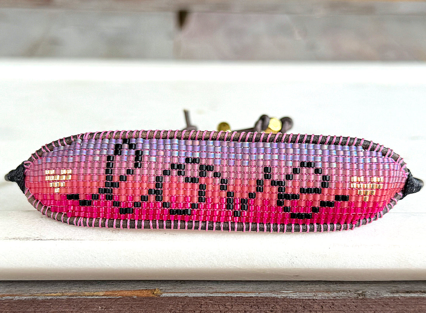 Adjustable Love Script Bead Loom Woven Leather Trimmed Bracelet