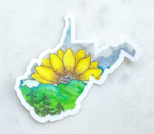 Sunflower Mountains West Virginia clear watercolor sticker, vinyl waterproof decal