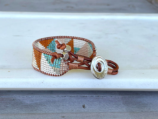 Abstract Earthy Tan Turquoise and Silver Geometric Bead Loom Woven Bracelet