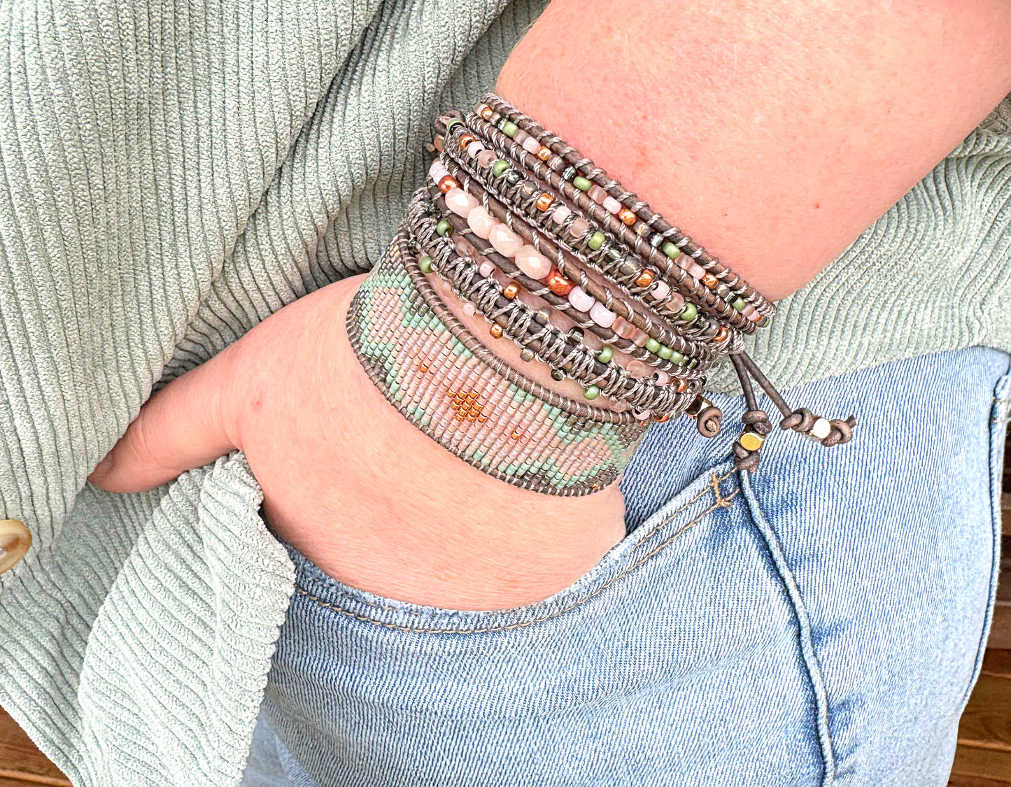 Blush, Jade, Rose Gold, and Gray Adjustable Beaded Macrame Bracelet Set
