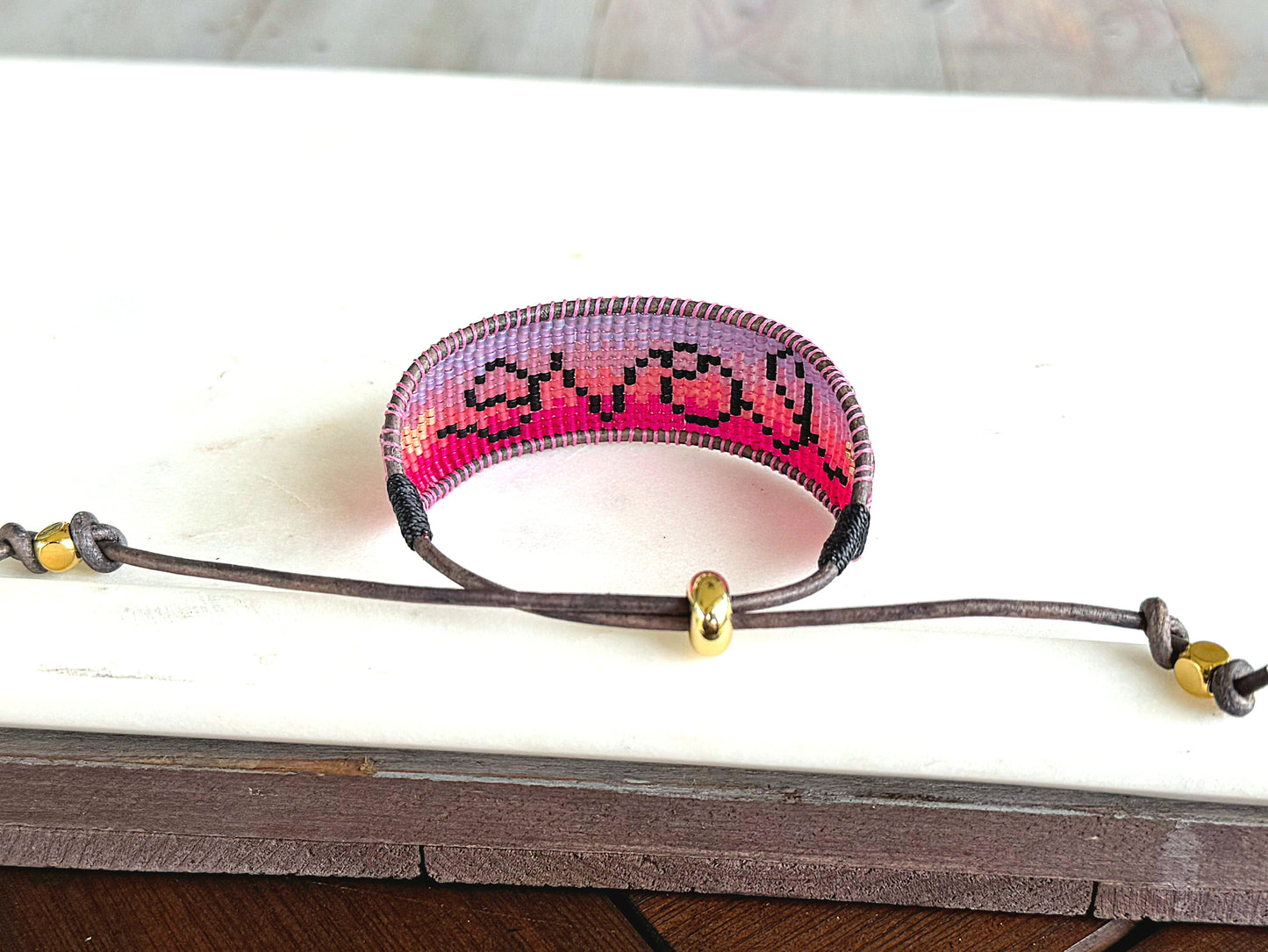 Adjustable Love Script Bead Loom Woven Leather Trimmed Bracelet