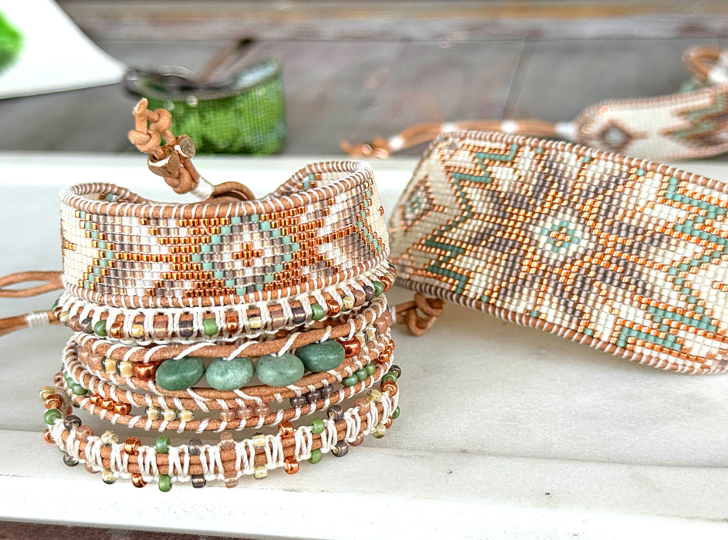 Jade and neutral Sage and Copper Beaded Macrame Bracelet Set