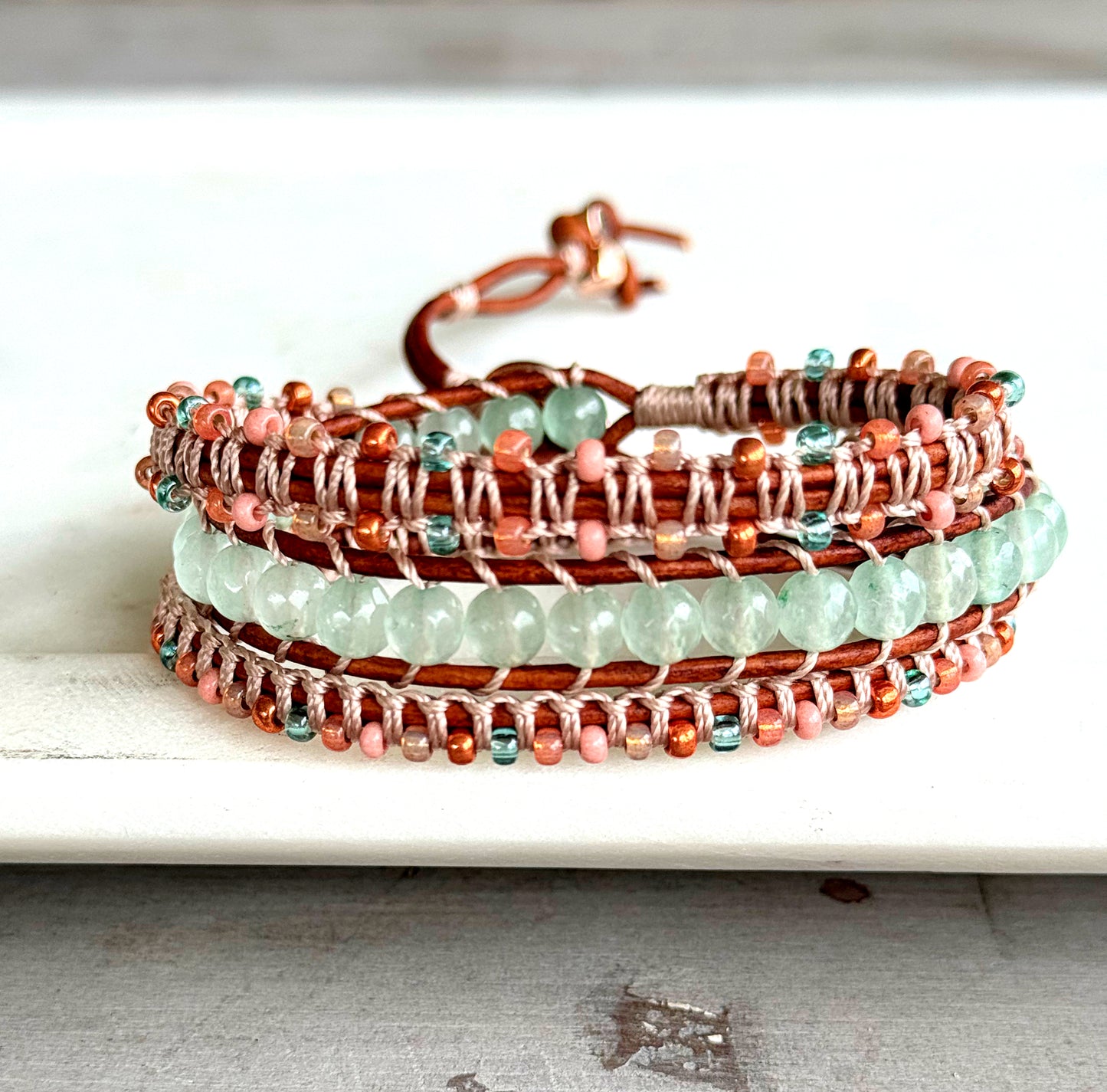 Sea glass Jade and Blush Rose Macrame Wrap bracelet
