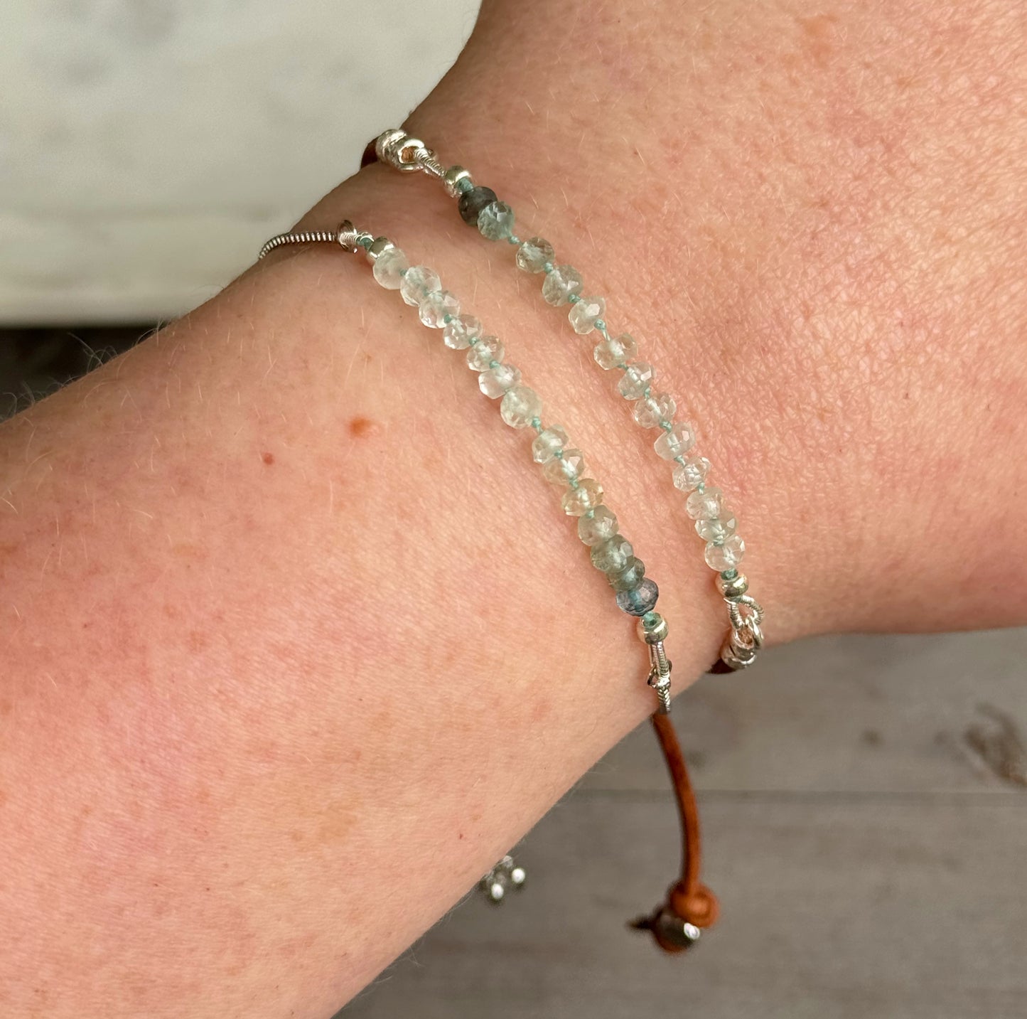 Aquamarine and slide adjustable chain or leather stack bracelet