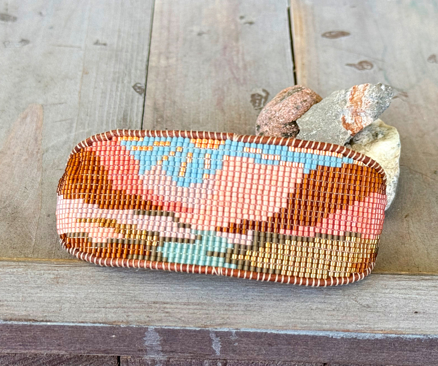 Red Rocks Western Grand Canyon Bead Loom Woven Bracelet Slide adjustable Clasp and Leather Trim