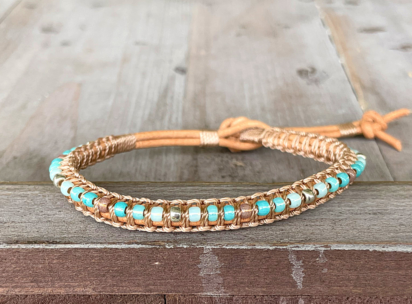Seafoam and Aqua Jade Ombre Beaded Macrame Bracelet Set