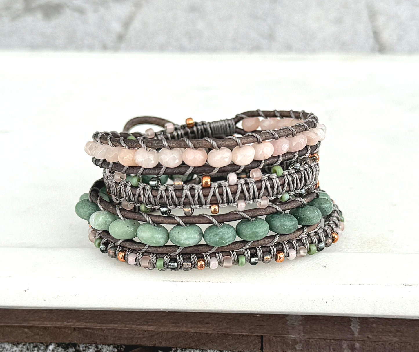 Gray, Blush Quartz, Jade, and Rose Gold Beaded Leather Wrap Bracelet