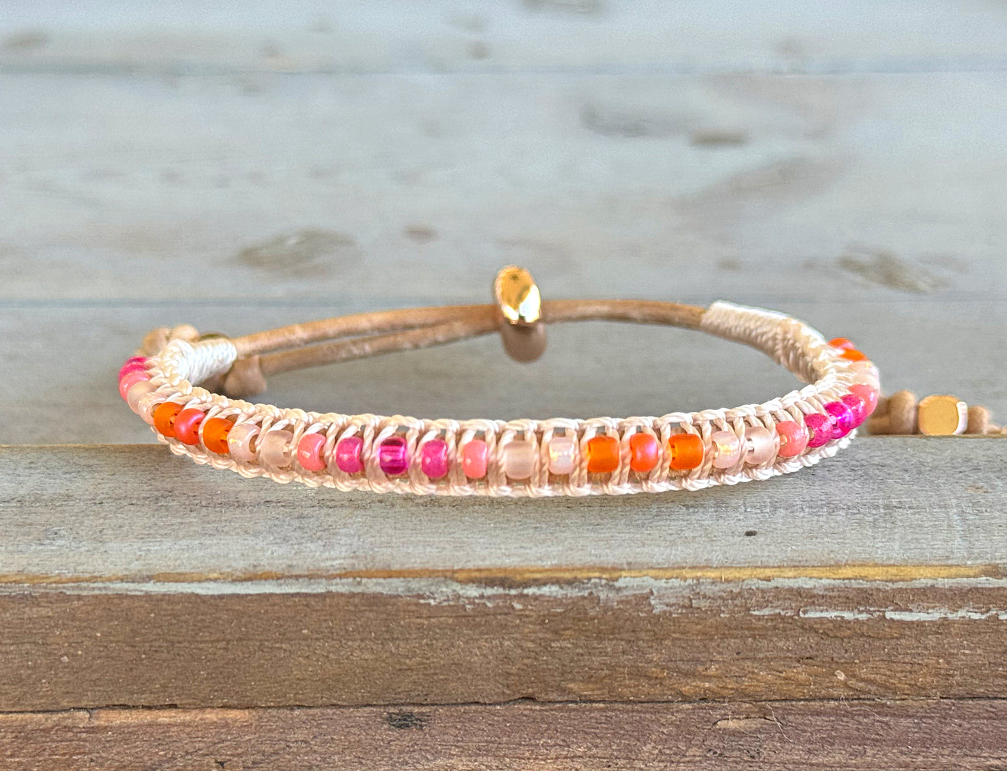 Hot pink Agate and glass bead Adjustable Leather Bracelet