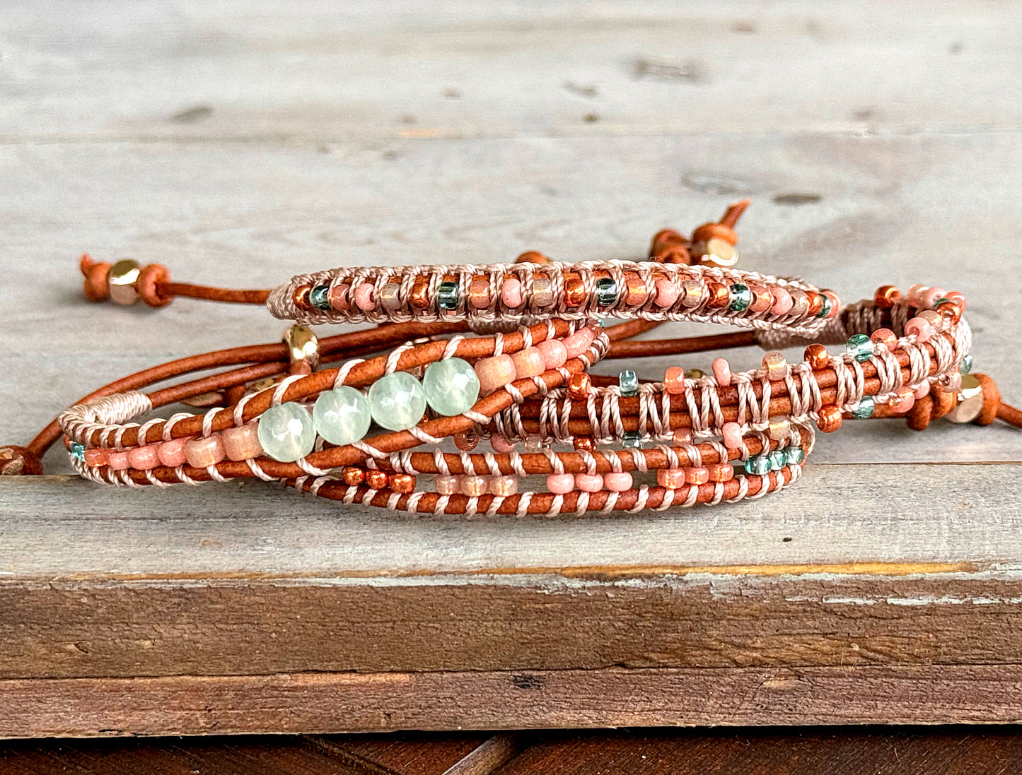 Sea Glass and Blush Rose Western Loom and Macrame Bracelet stack set