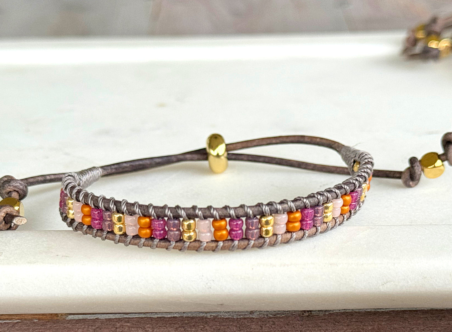 Peony Pink, Purple, and Gold Slide Adjustable Beaded Macrame Bracelet Set