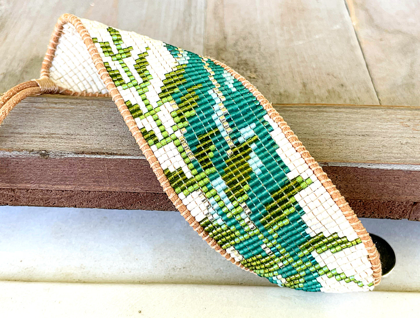 Fern and leaf Bead Loom Woven Cuff Bracelet