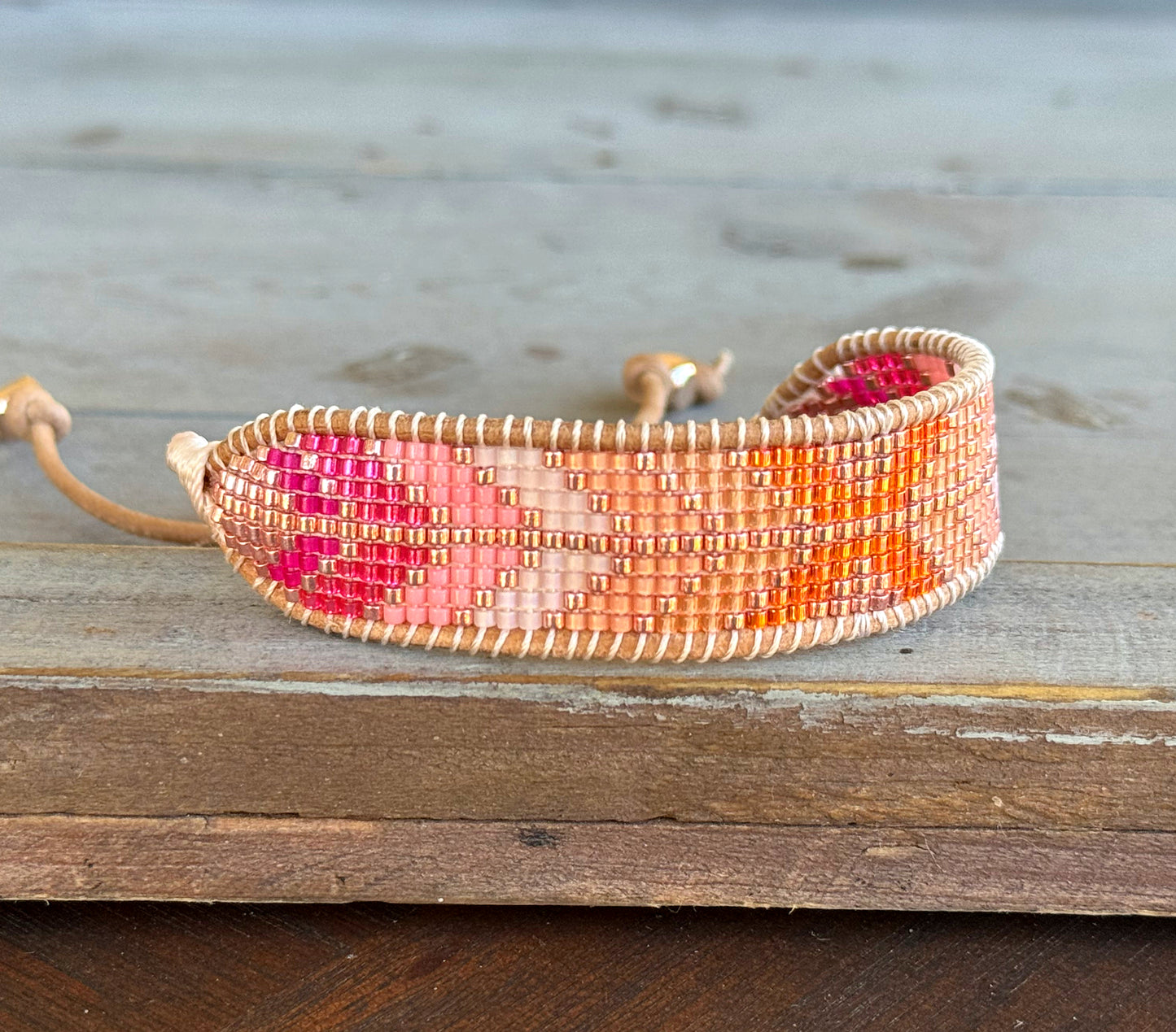 Hot Pink and Orange Loom woven Arrow beaded friendship bracelet