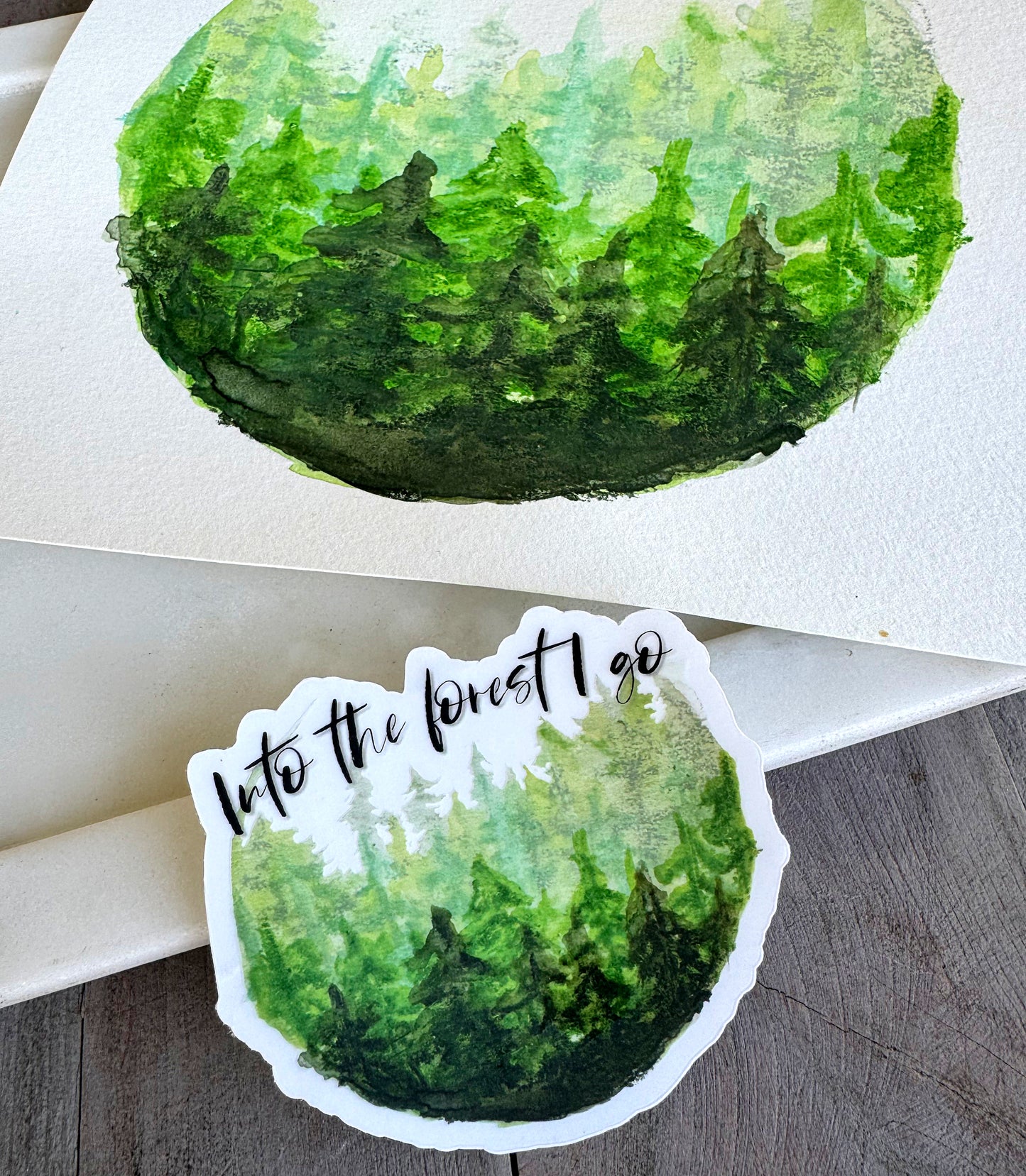 Into the Forest I Go evergreen Forest watercolor clear vinyl waterproof sticker