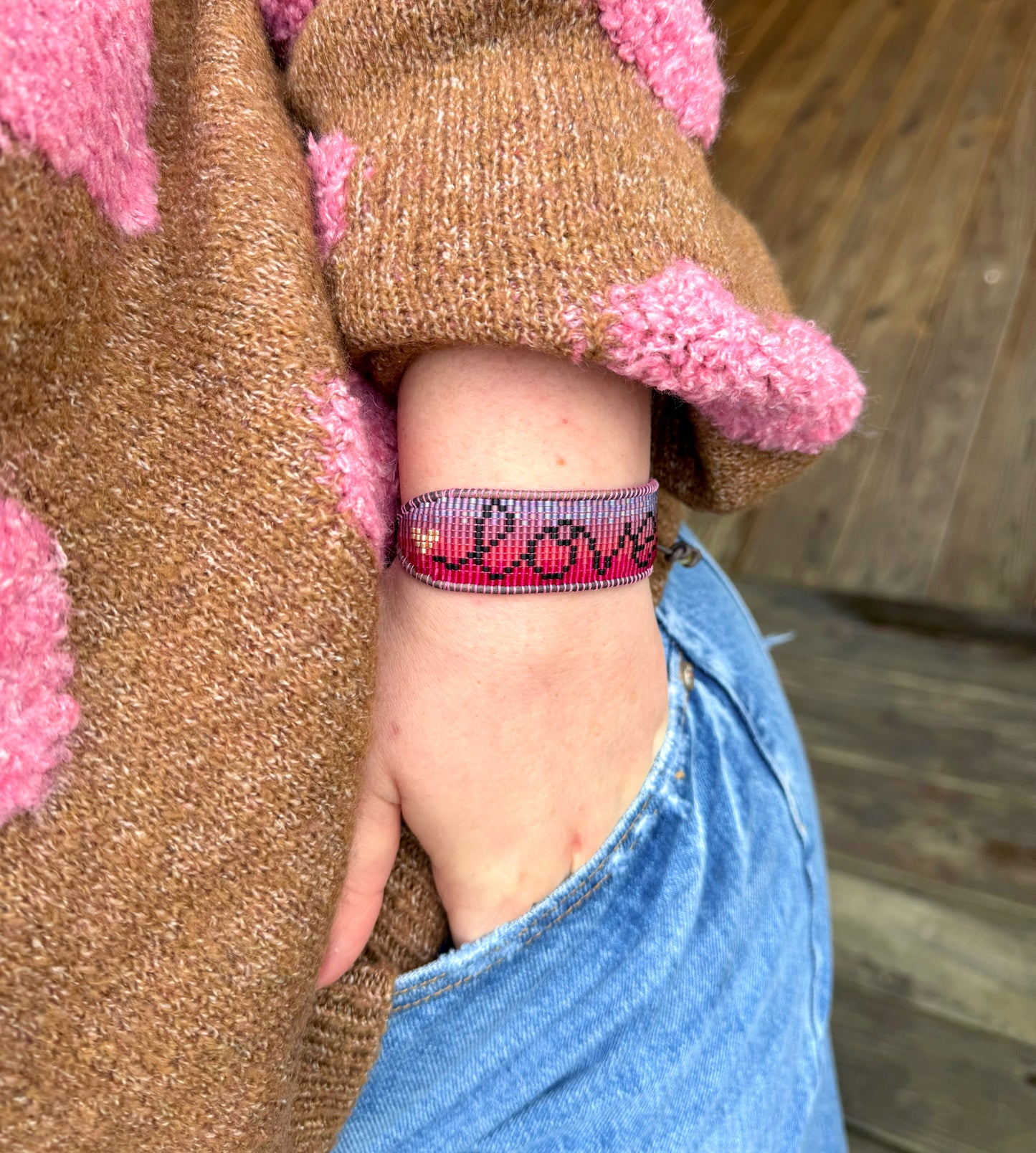 Adjustable Love Script Bead Loom Woven Leather Trimmed Bracelet
