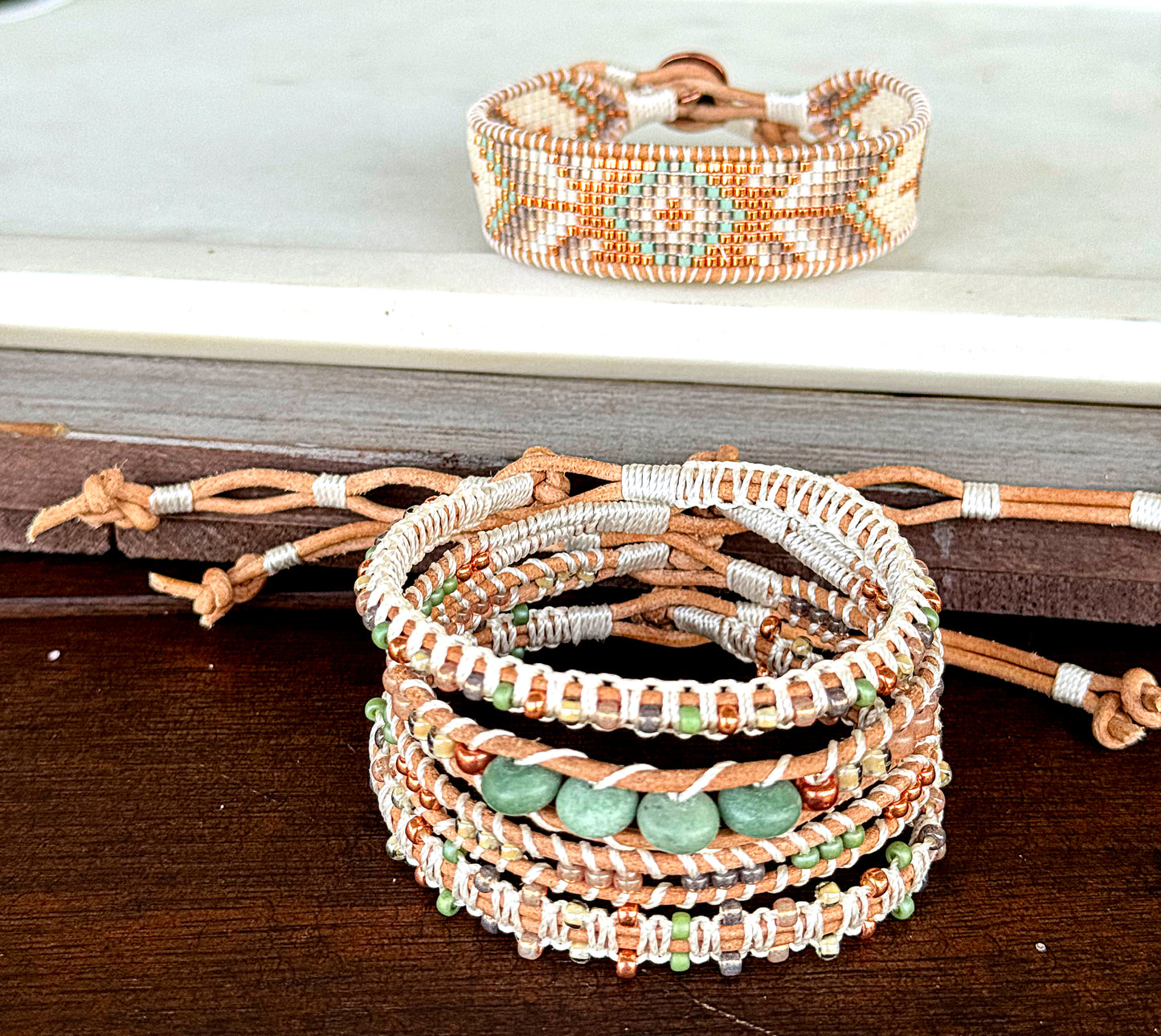 Sage, neutral, and copper starburst Western Geometric Loom and Macrame Bracelet stack set
