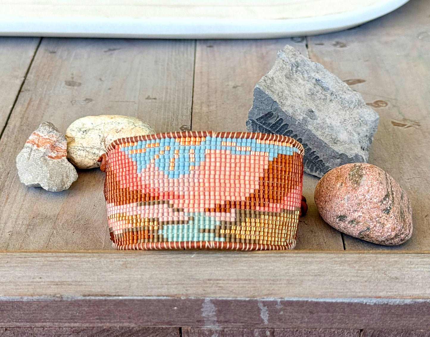Red Rocks Western Grand Canyon Bead Loom Woven Bracelet Slide adjustable Clasp and Leather Trim
