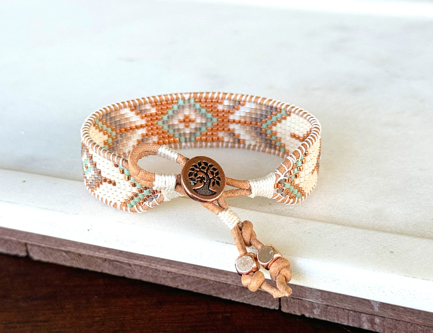 Sage, Neutral, and Copper Small Starburst Bead Loom Woven Bracelet