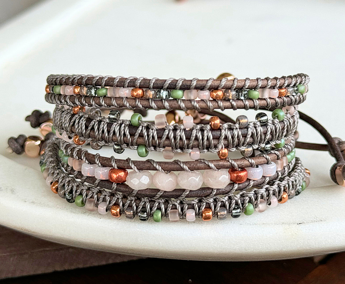 Blush, Jade, Rose Gold, and Gray Adjustable Beaded Macrame Bracelet Set
