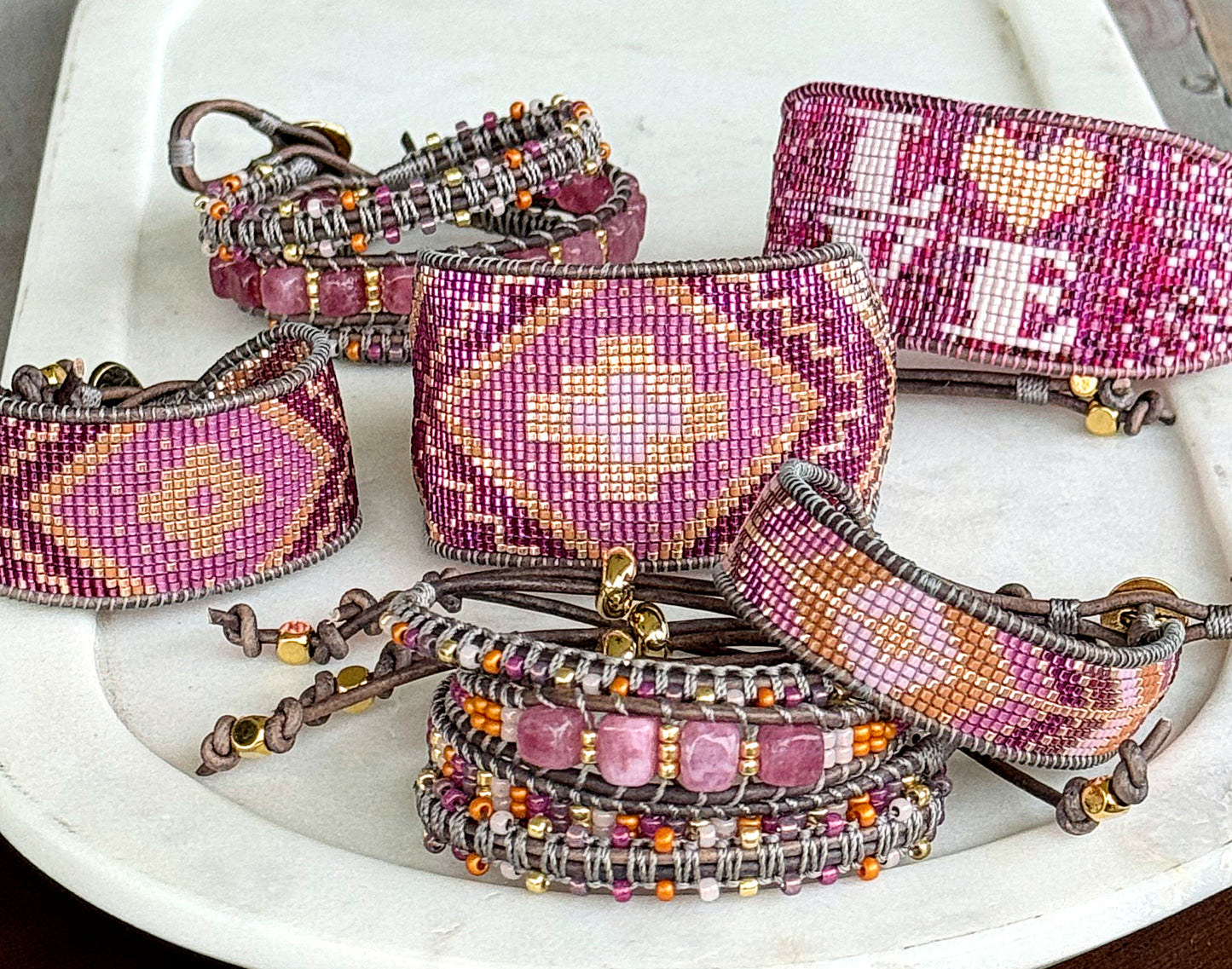 Pink Peony, Plum, and Gold Wide Western Bead Loom Cuff Bracelet