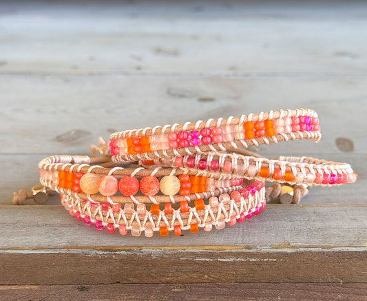 Hot pink Agate and glass bead Adjustable Leather Bracelet