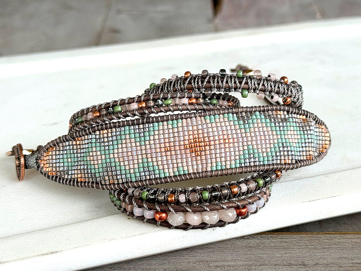Blush, Jade, Rose Gold, and Gray Adjustable Beaded Macrame Bracelet Set