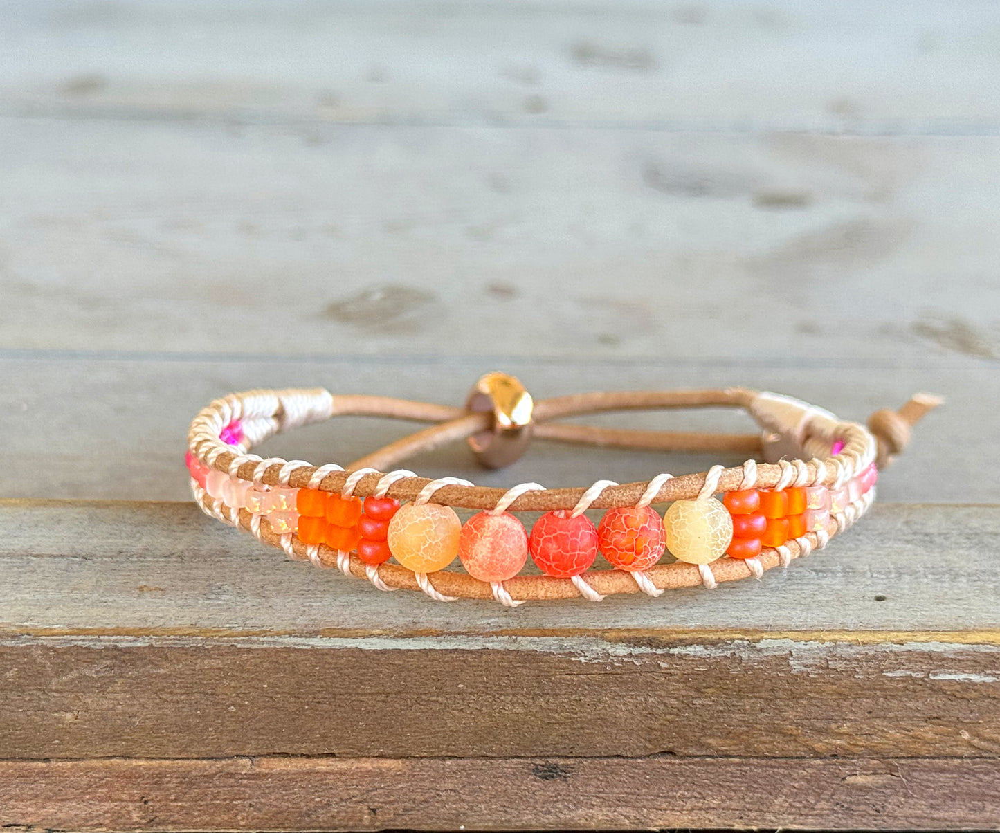 Hot pink Agate and glass bead Adjustable Leather Bracelet