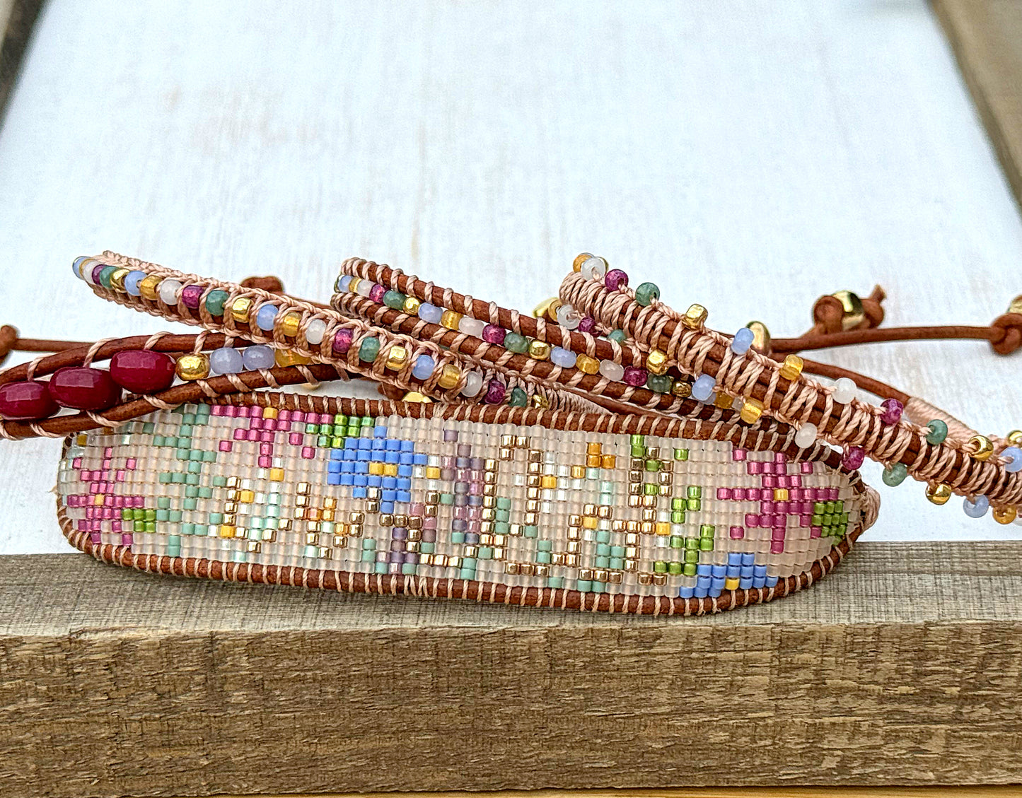 Wildflower mix glass bead Macrame Adjustable Leather Bracelet