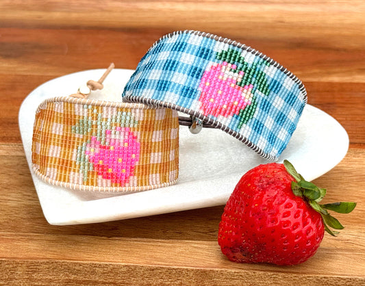 Strawberry Bead Loom Woven bracelet with yellow gingham