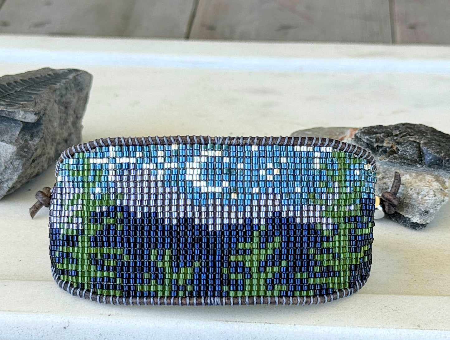 Night in the Mountains American Landscape Bead Loom Woven Adjustbale Leather Trimmed Cuff Bracelet