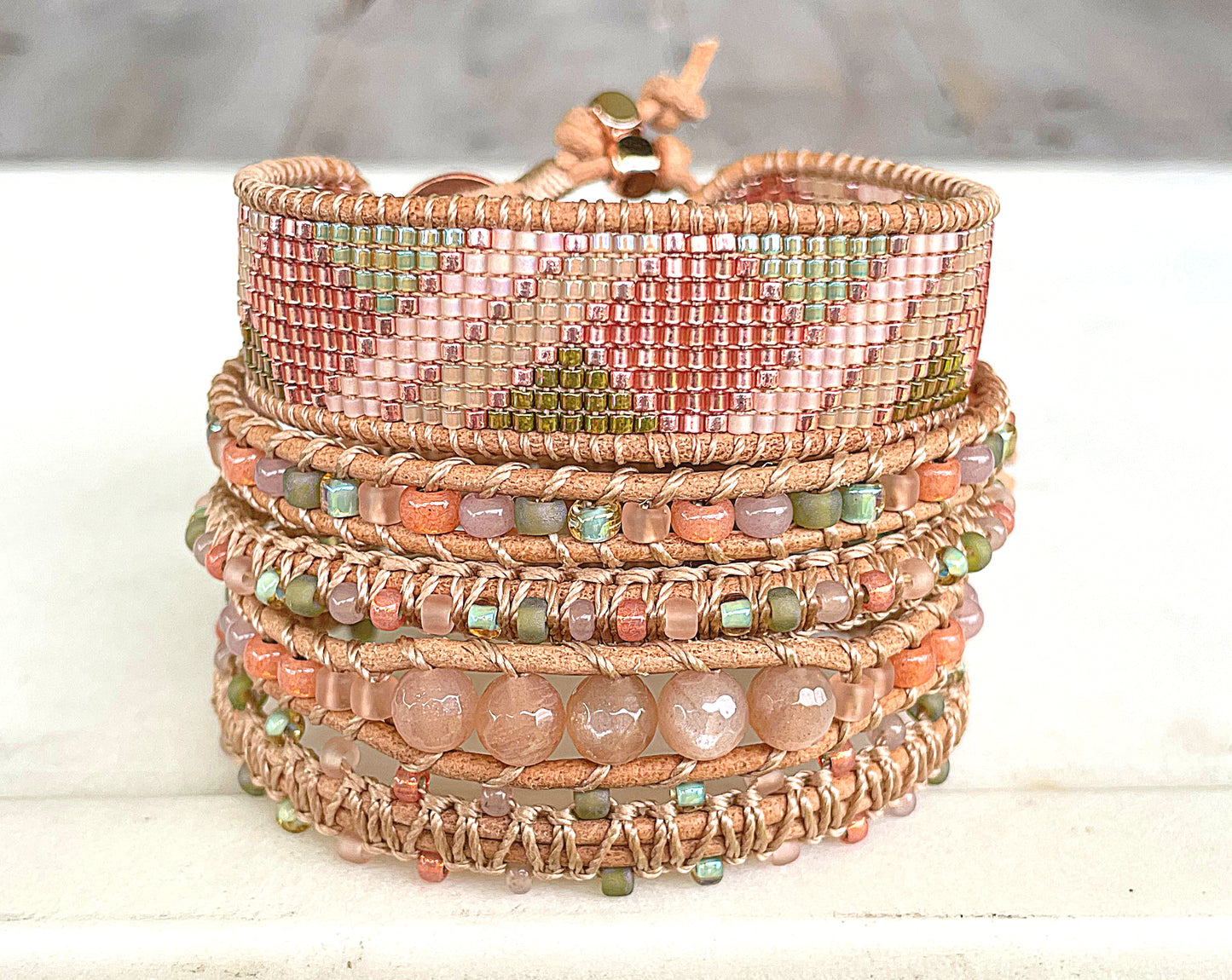 Peach and Olive Green Loom woven geometric beaded friendship bracelet