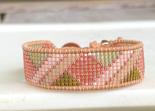 Peach and Olive Green Loom woven geometric beaded friendship bracelet