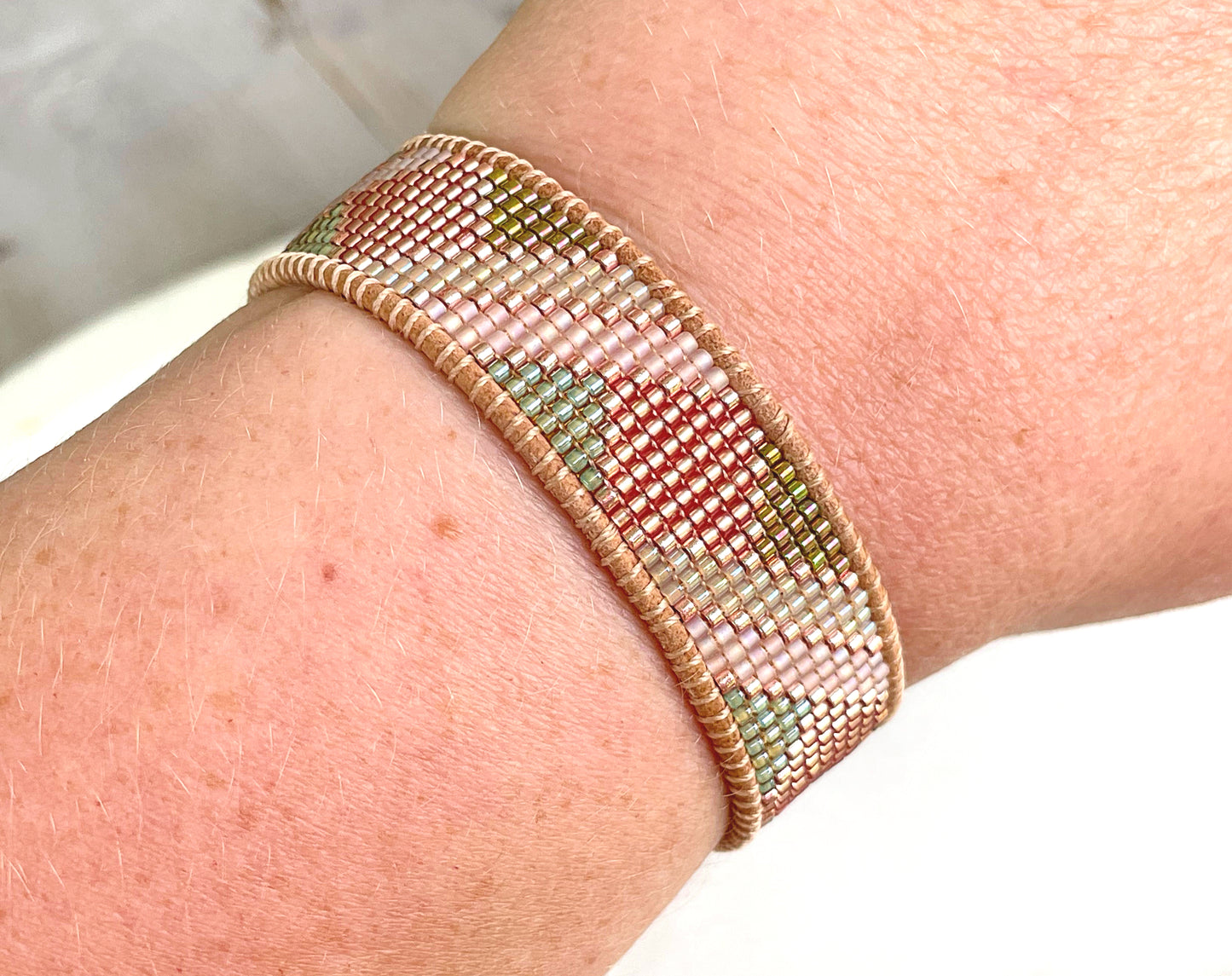 Peach and Olive Green Loom woven geometric beaded friendship bracelet