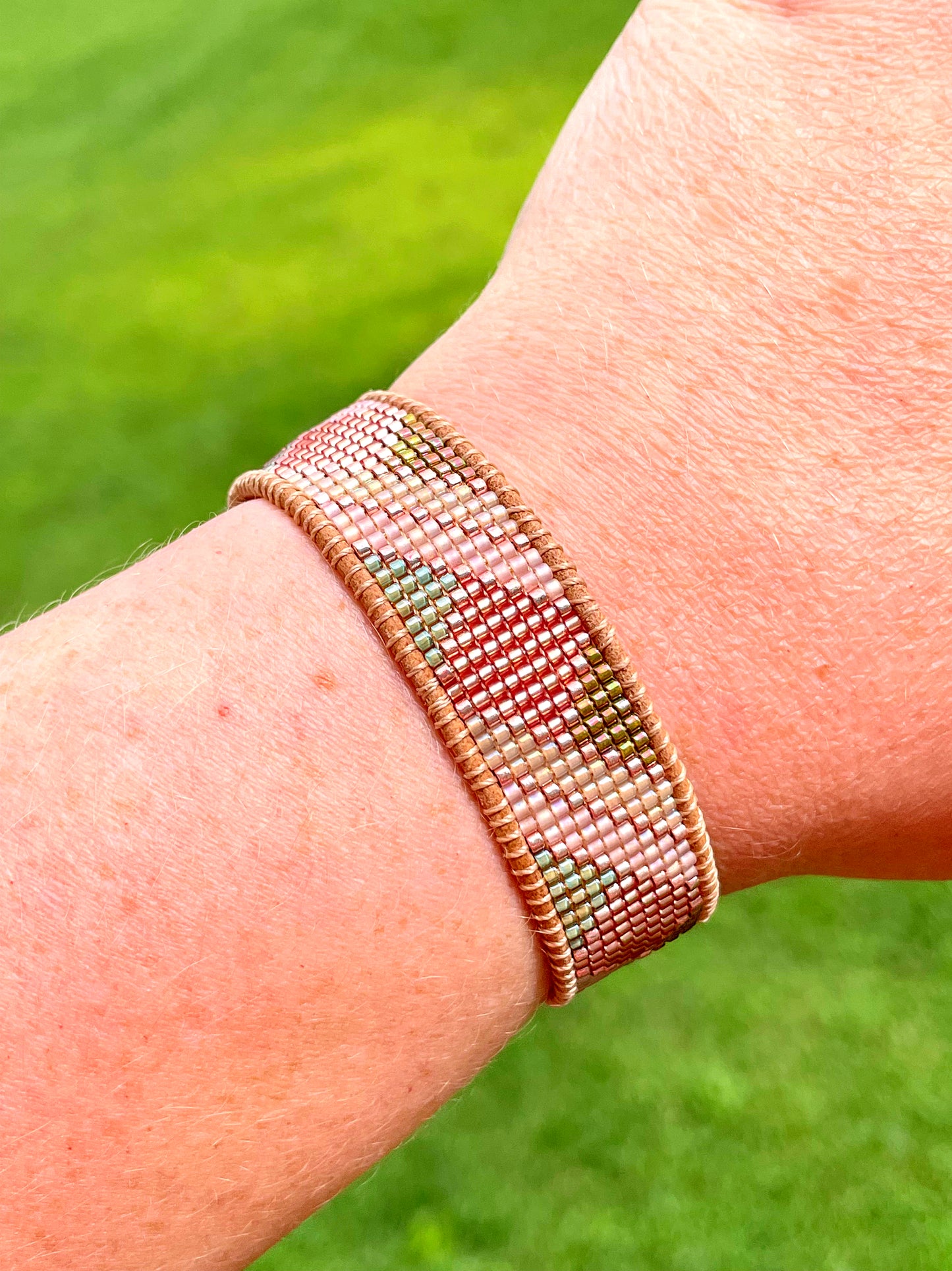 Peach and Olive Green Loom woven geometric beaded friendship bracelet