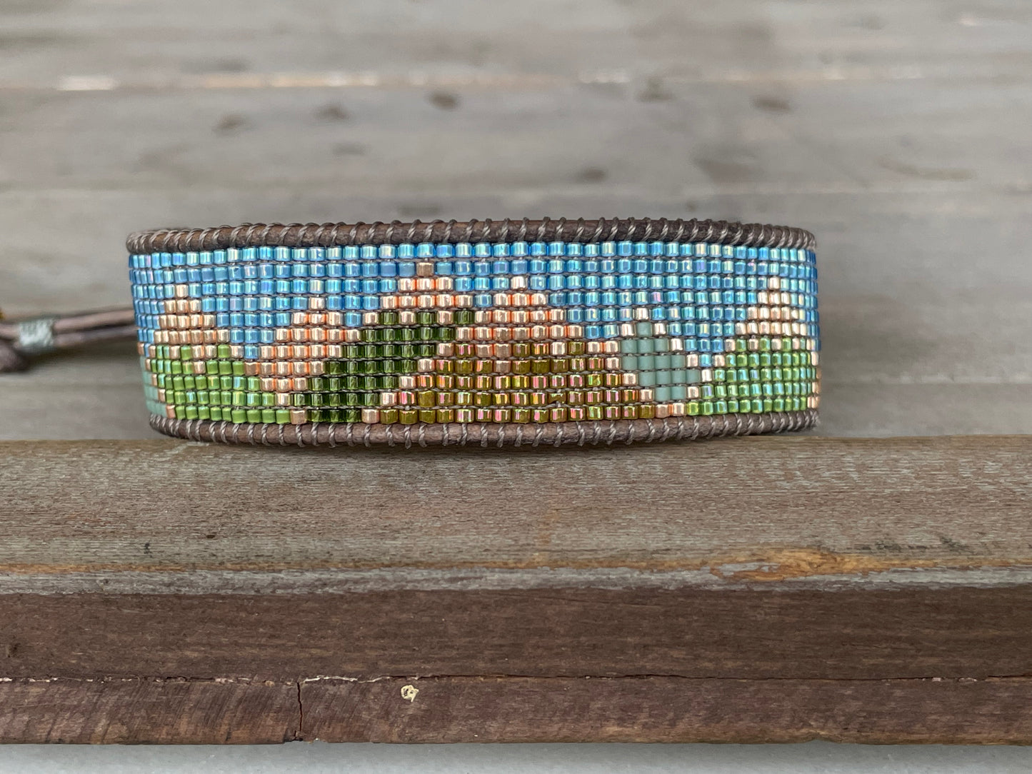 Abstract Mountain Bead Woven Loom Leather Bracelet