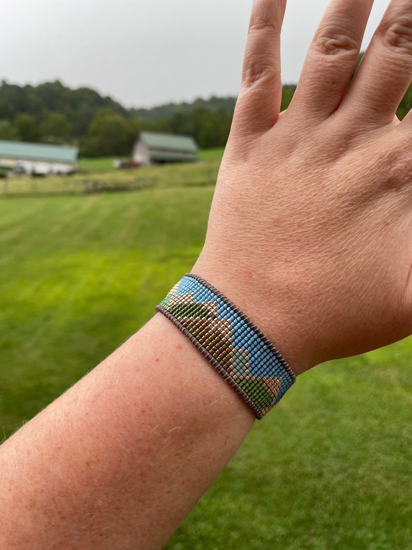 Abstract Mountain Bead Woven Loom Leather Bracelet