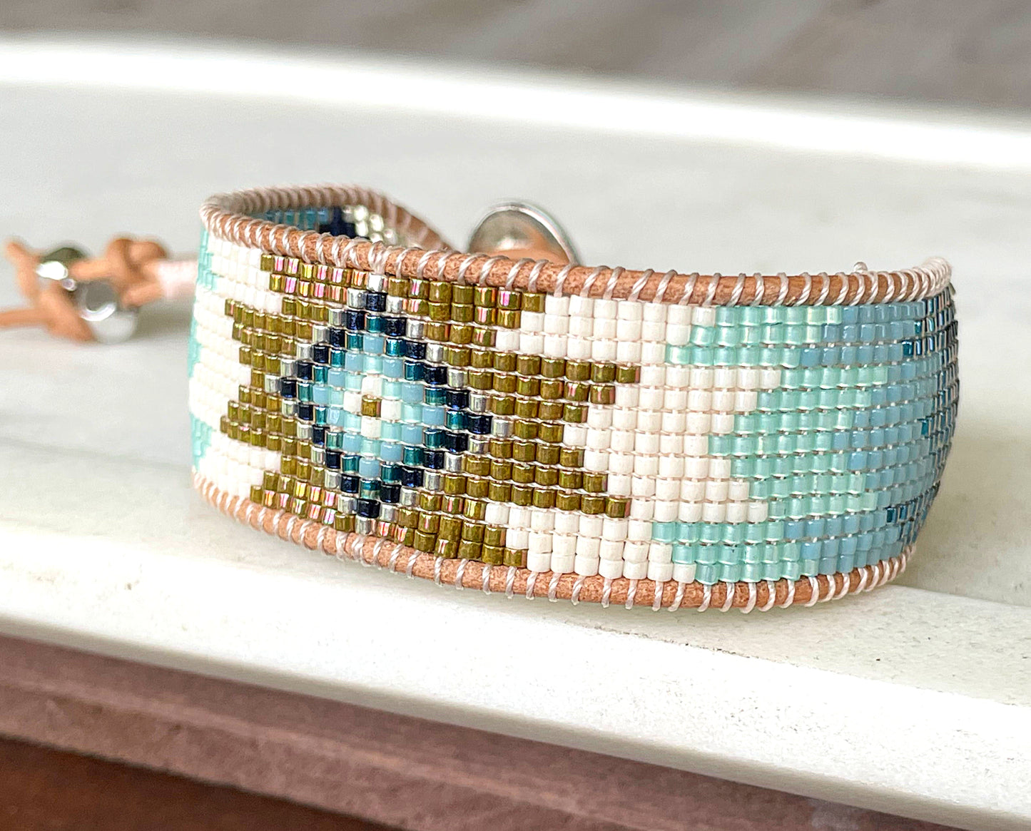 Green and Blue Starburst Beaded Loom Wide Cuff Bracelet