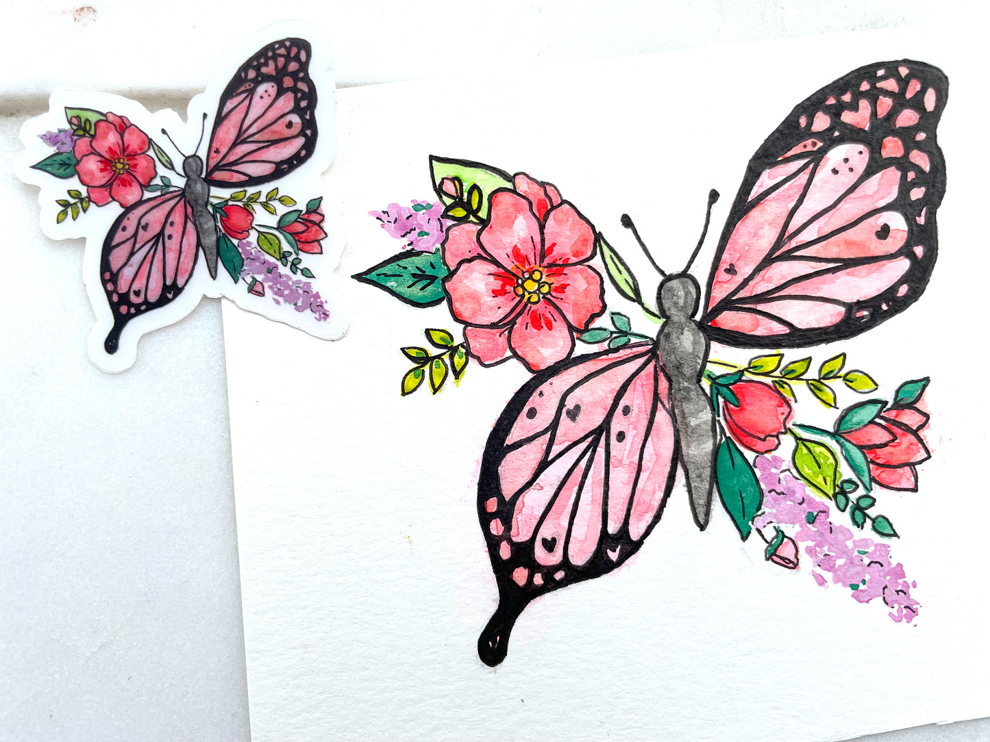 Butterfly Floral Watercolor Waterproof Vinyl Sticker butterfly sticker, bumper sticker, sticker for water bottle pink butterfly sticker