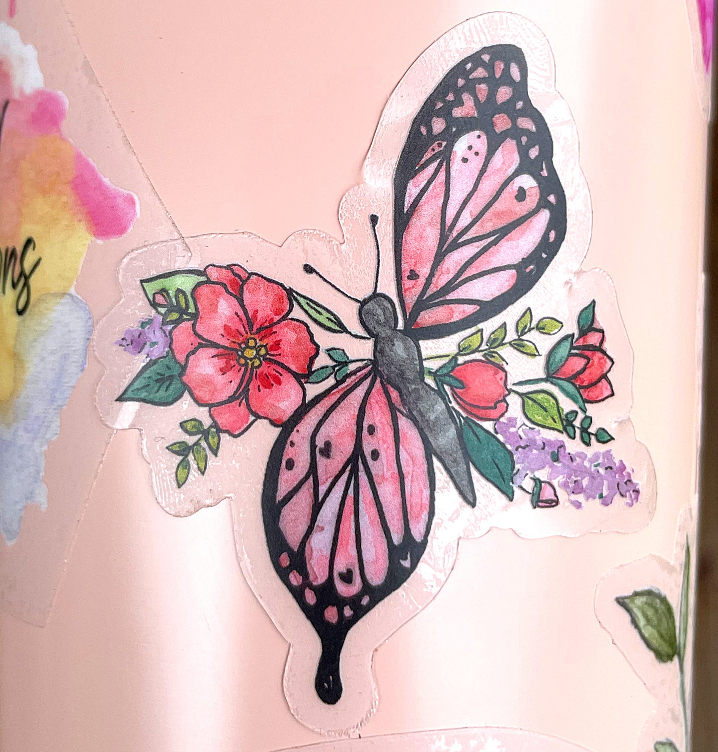 Butterfly Floral Watercolor Waterproof Vinyl Sticker butterfly sticker, bumper sticker, sticker for water bottle pink butterfly sticker