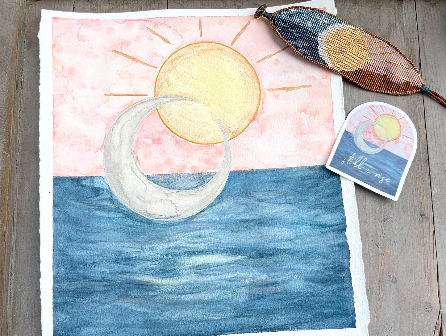 Watercolor Still I Rise sun and moon over the ocean Vinyl waterproof sticker decal